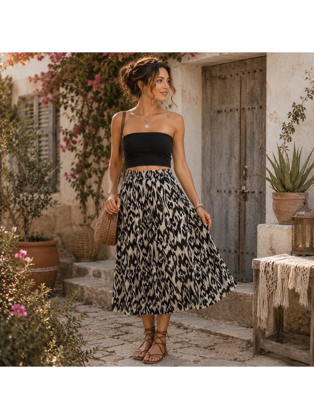 True Destiny Pleated Boho Maxi Skirt Sz S NWT Ikat Print Flowy Monochrome Artsy